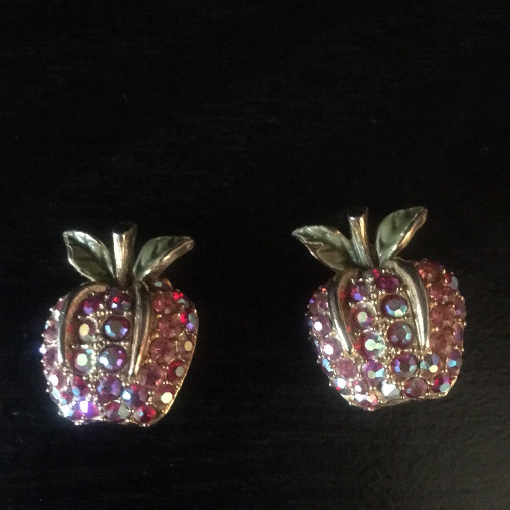 60’s clip on rhinestone Apple earrings